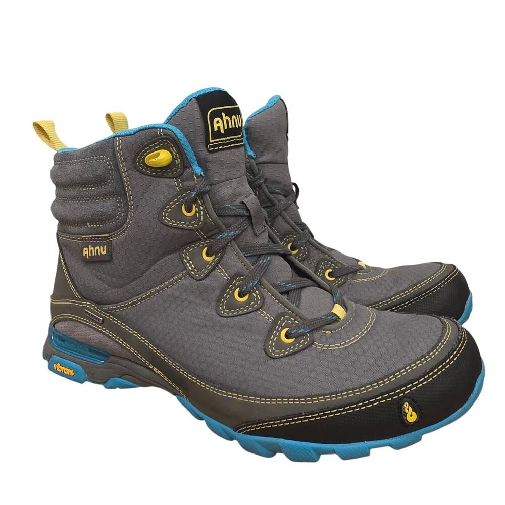 Ahnu Waterproof Hiking Boots Womens 9 Gray Blue Vibram Outdoor Trail Shoes